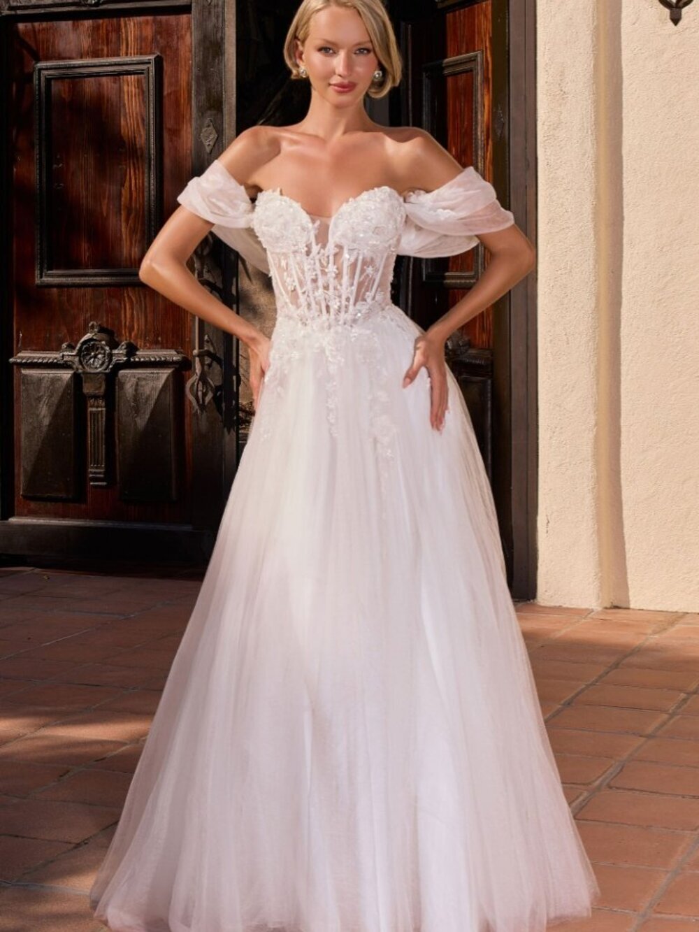New Off White Sophisticated Long A-Line Bridal Dress w/ Floral Motif CD2426W